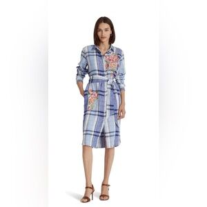 NWT! Ralph Lauren Women's Floral & Plaid Linen Shirtdress Blue/White Size 10 🌺